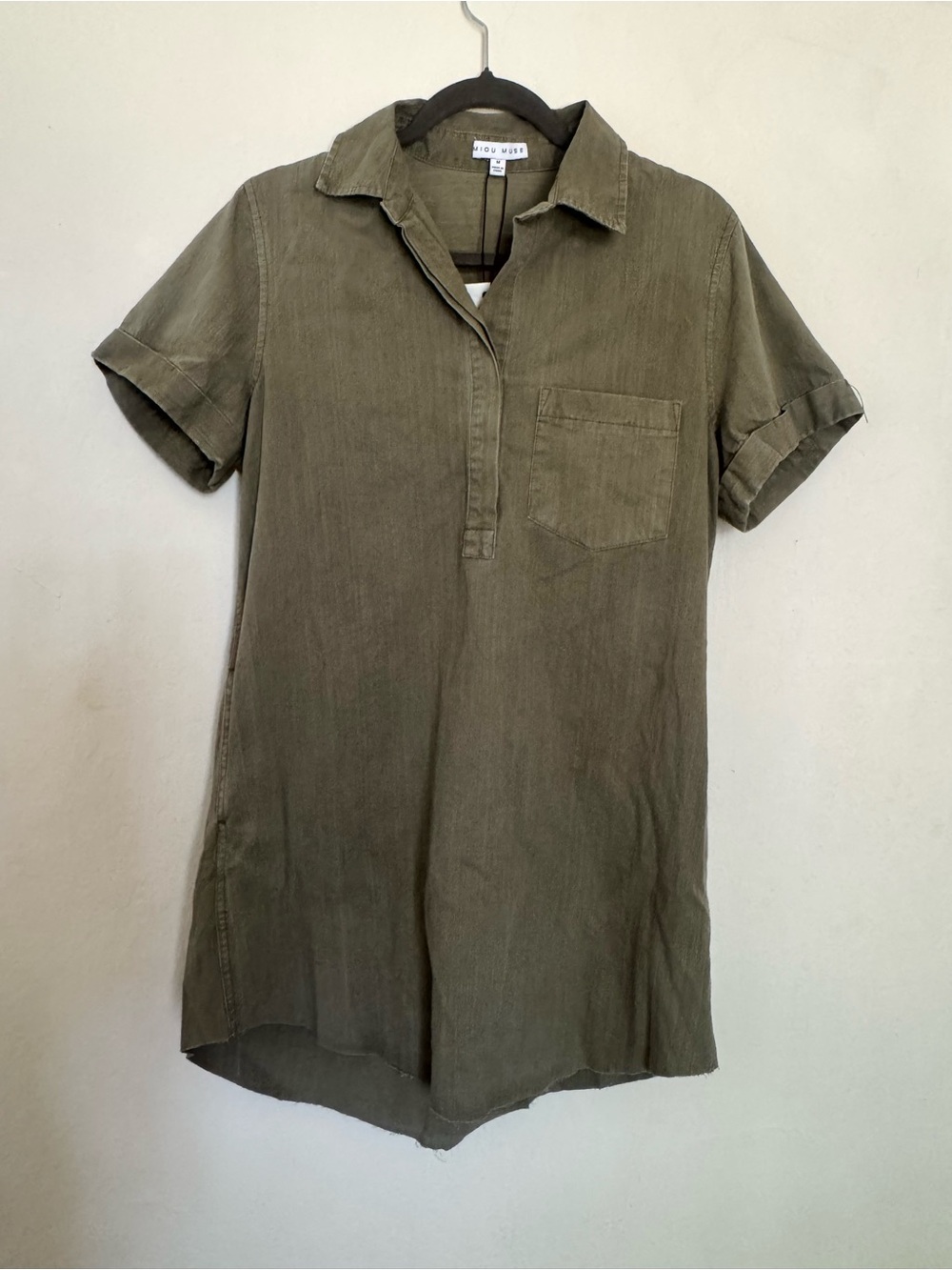 NWT Miou Muse Olive Green Short Sleeve Utility Mini Shirt Dress